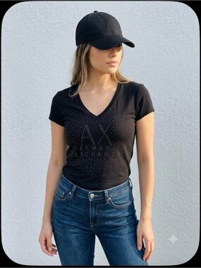 Armani Exchange Black V-Neck Studded Logo Tee